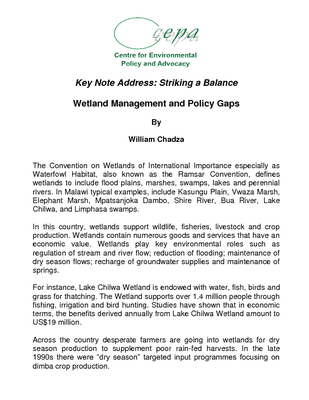 Striking a Balance - Wetland Management and Policy Gaps