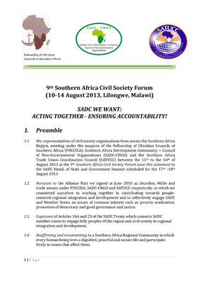 9th Southern Africa Civil Society Forum- Acting Together Ensuring Accountability