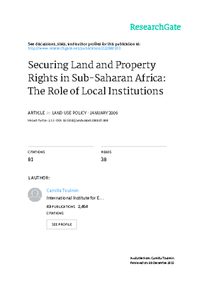 Securing Land and Property Rights in Sub-Saharan Africa:
The Role of Local Institutions